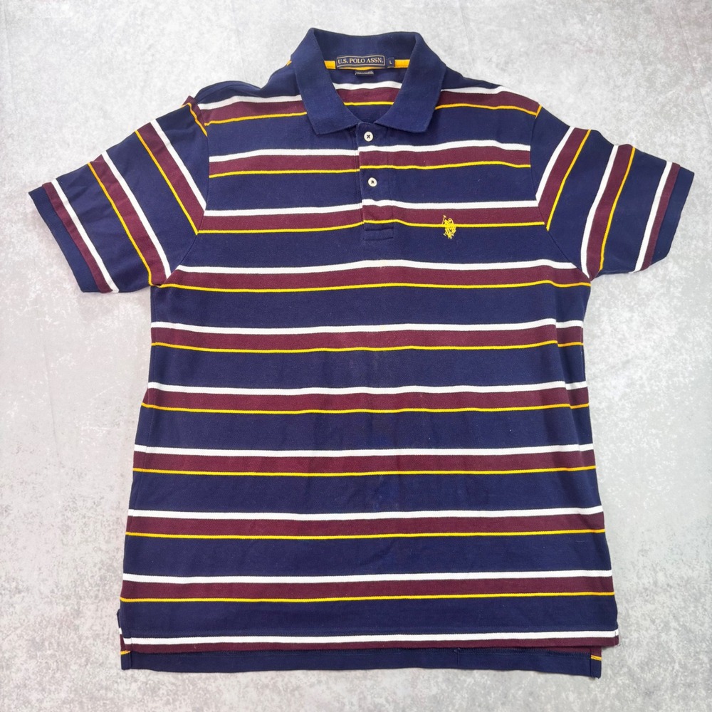 U.S. Polo Assn Striped Polo Shirt Mens Large Navy Burgundy Yellow Preppy